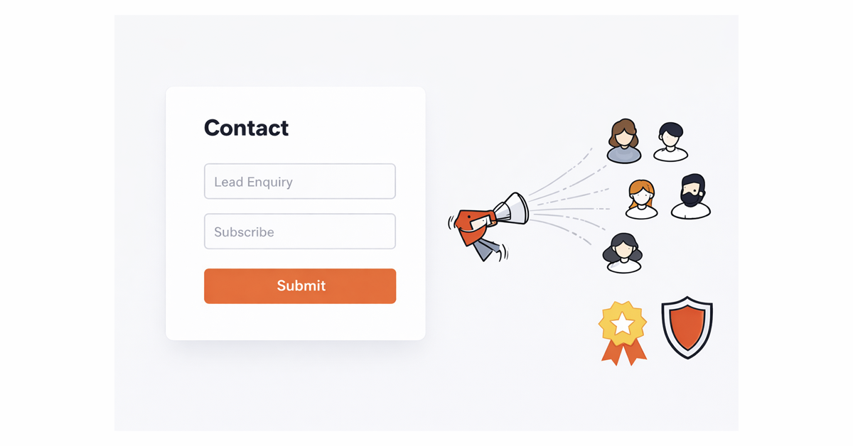A contact form with a megaphone broadcasting to diverse users, symbolizing communication, trust, and achievement.