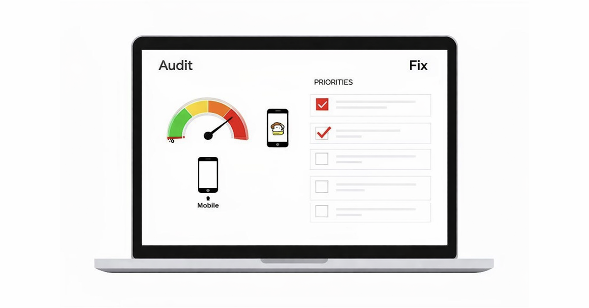 A laptop screen displaying an audit dashboard with a red performance gauge, mobile icons, and a checklist.