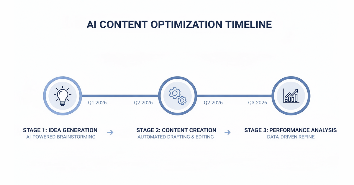 A visual timeline detailing the three stages of AI content optimization from idea generation to performance analysis.