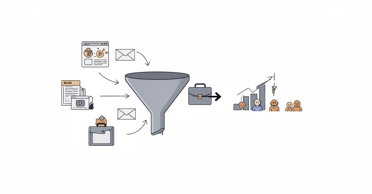 An illustration of a content marketing funnel showing content and emails leading to business growth.