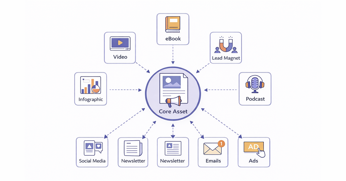 Diagram illustrating a central core asset being adapted and distributed across multiple content formats and marketing channels.