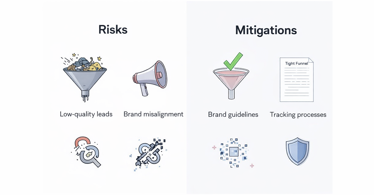 Diagram illustrating common marketing risks such as low-quality leads and brand misalignment, with mitigations.
