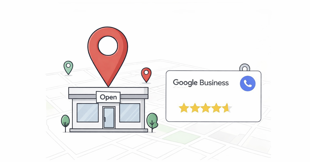 Illustration of a small business location on a map with a prominent Google Business profile displaying 4.5-star ratings.