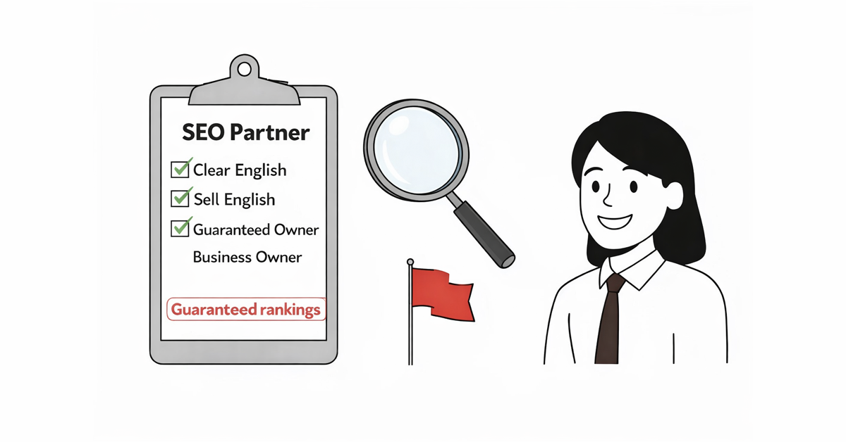 Illustration of an SEO partner checklist, magnifying glass, red flag, and smiling business person.