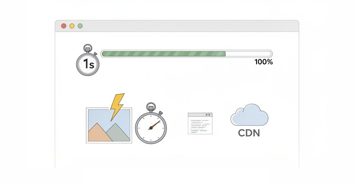 Illustration of website speed optimization with 1s load time, image optimization, and CDN.