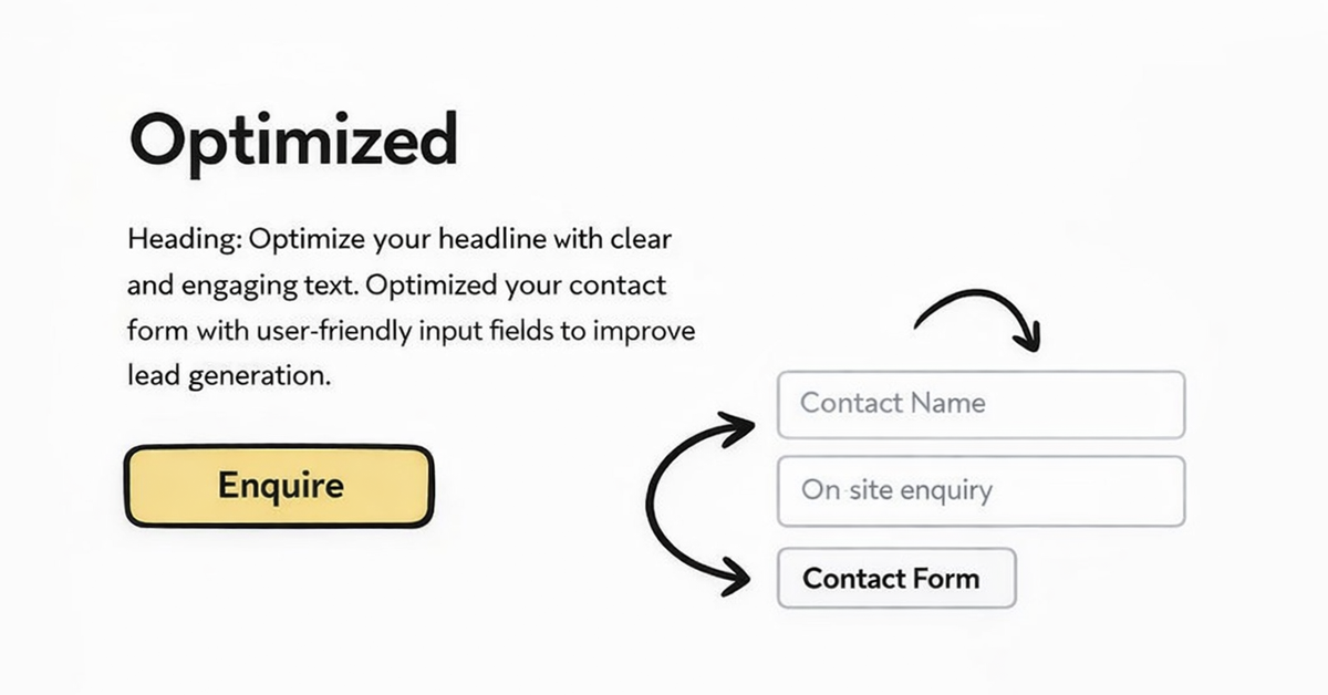 UI design showing an optimization process for a contact form, featuring an 'Enquire' button.