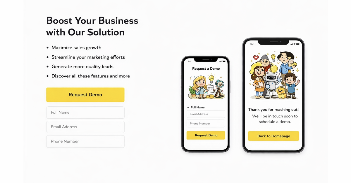 Website landing page and mobile app screens showcasing cartoon illustrations and lead generation forms.