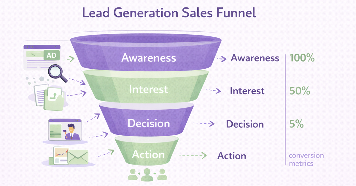 A detailed lead generation sales funnel diagram showing stages: awareness, interest, decision, and action with conversion metrics.