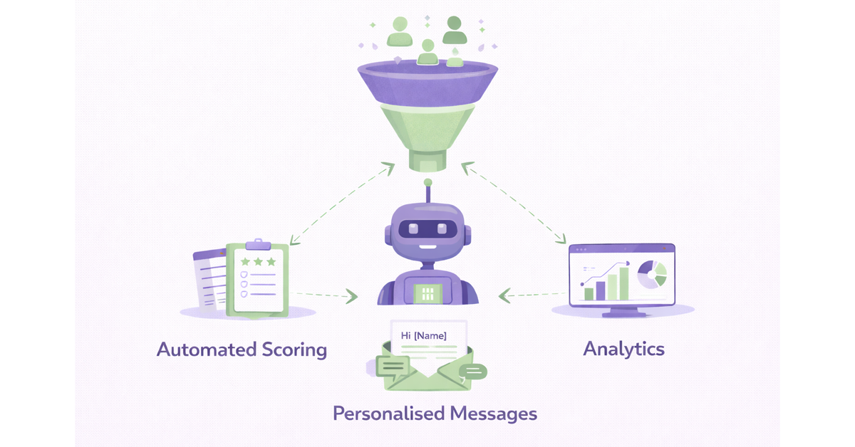 A diagram illustrating AI processing leads through a funnel, leading to automated scoring, personalised messages, and analytics.