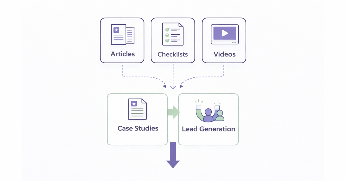 A diagram illustrating content flow from articles, checklists, and videos to case studies and lead generation.