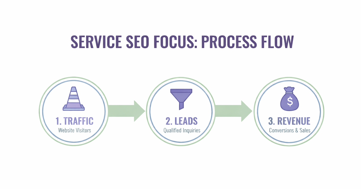 A diagram illustrating the SEO process flow: Traffic (website visitors), Leads (qualified inquiries), and Revenue (conversions & sales).