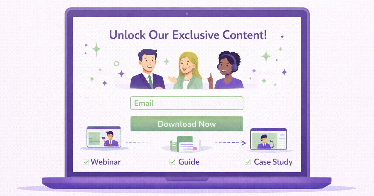 A laptop screen displays a lead magnet sign-up page with cartoon people, email form, and resources like webinar, guide, and case study.