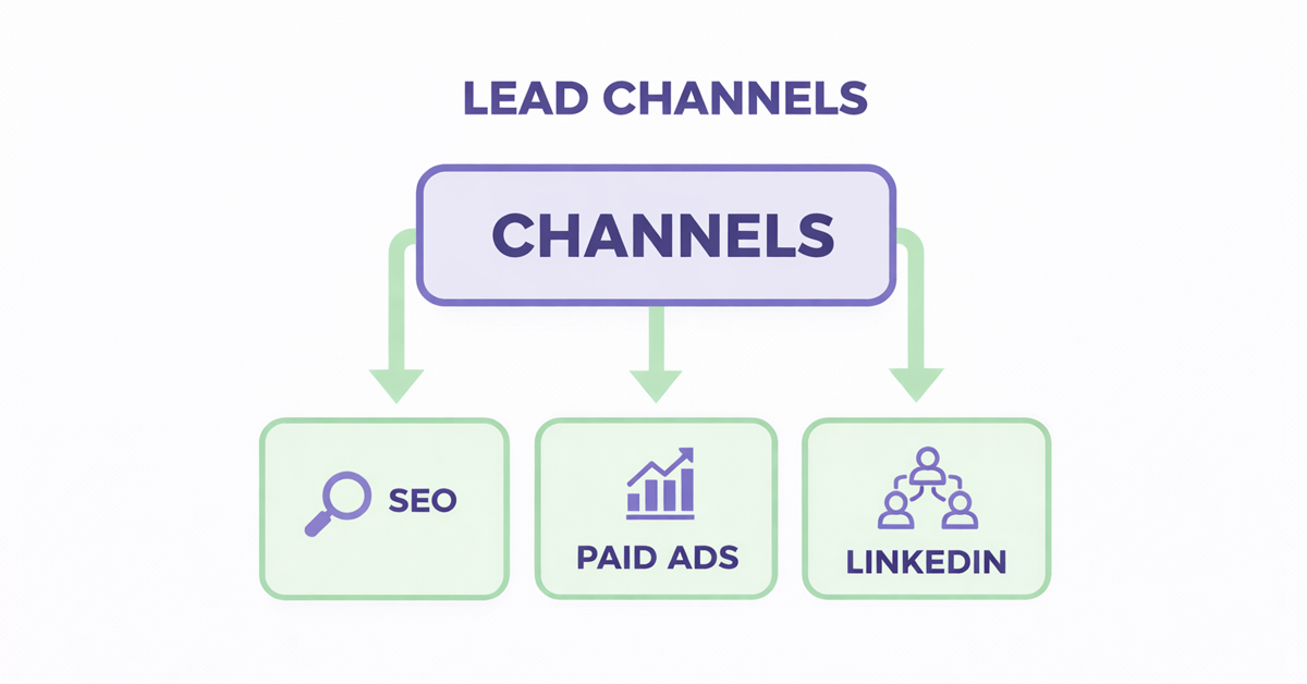 A marketing diagram illustrating lead generation channels including SEO, Paid Ads, and LinkedIn.