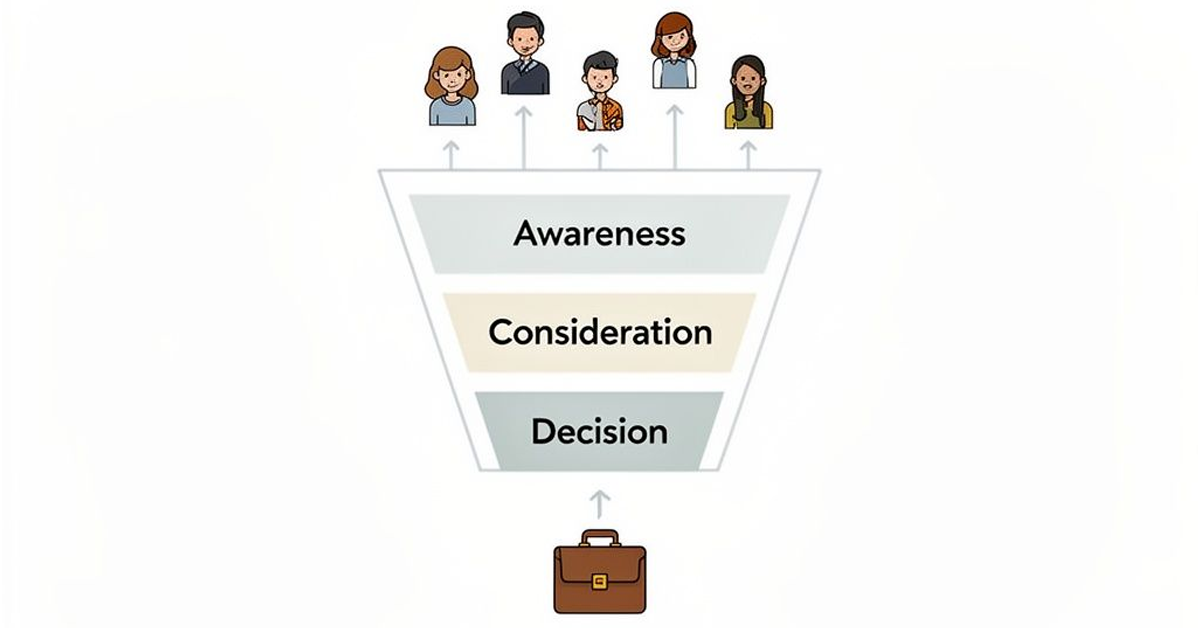 A sales funnel diagram with Awareness, Consideration, Decision stages, depicting people entering and a briefcase exiting.