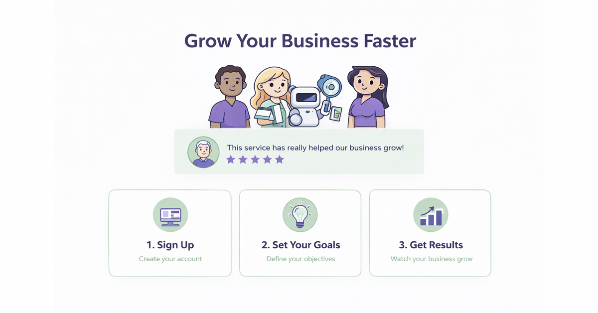 A website layout featuring a headline, illustrative diverse people, a customer testimonial with stars, and numbered progress steps.