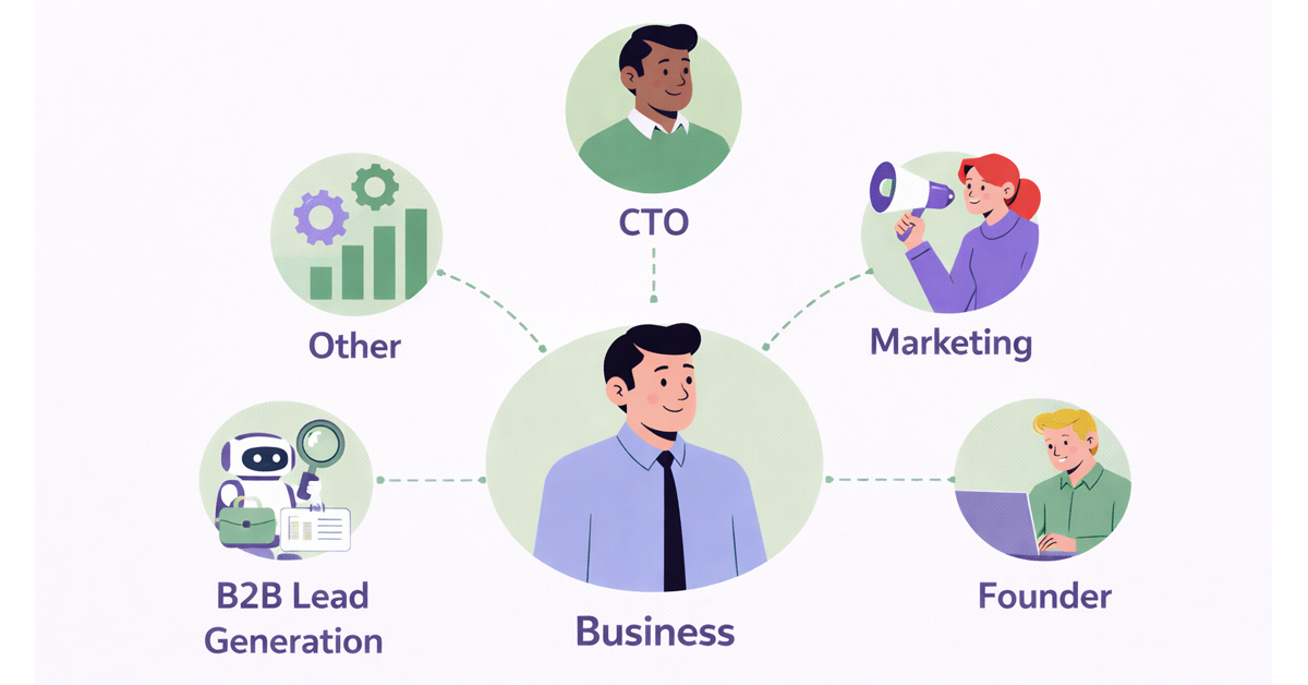 Central business professional connecting to CTO, marketing, founder, and other B2B lead generation roles.