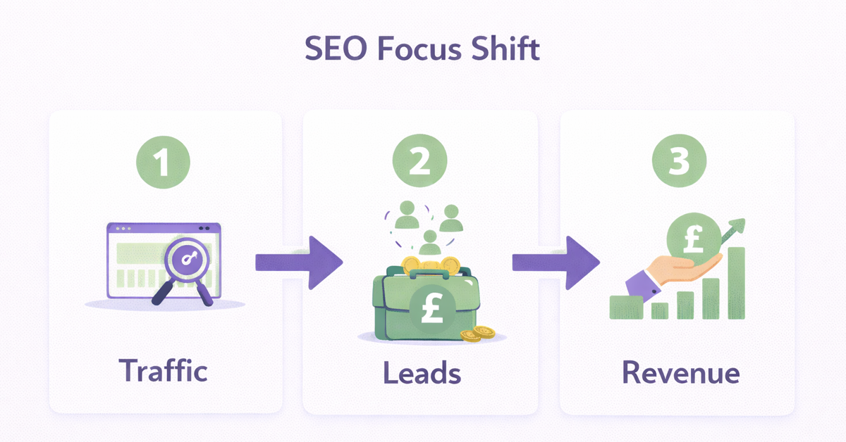 Flowchart showing the shift in SEO focus from traffic (1) to leads (2) and then to revenue (3).