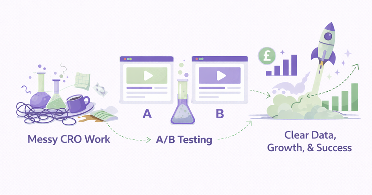 Illustration of A/B testing transforming messy CRO work into clear data growth and success.