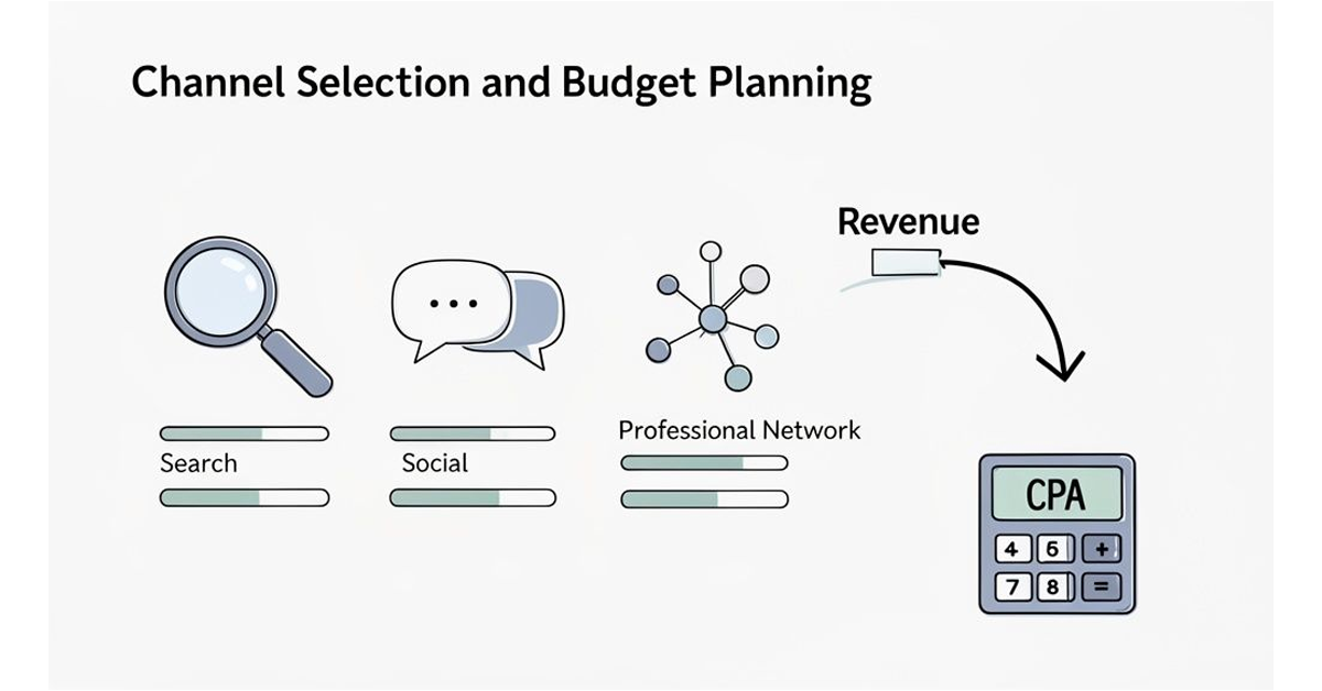Illustration of marketing channel selection and budget planning, showing search, social, networks, revenue, and CPA calculation.