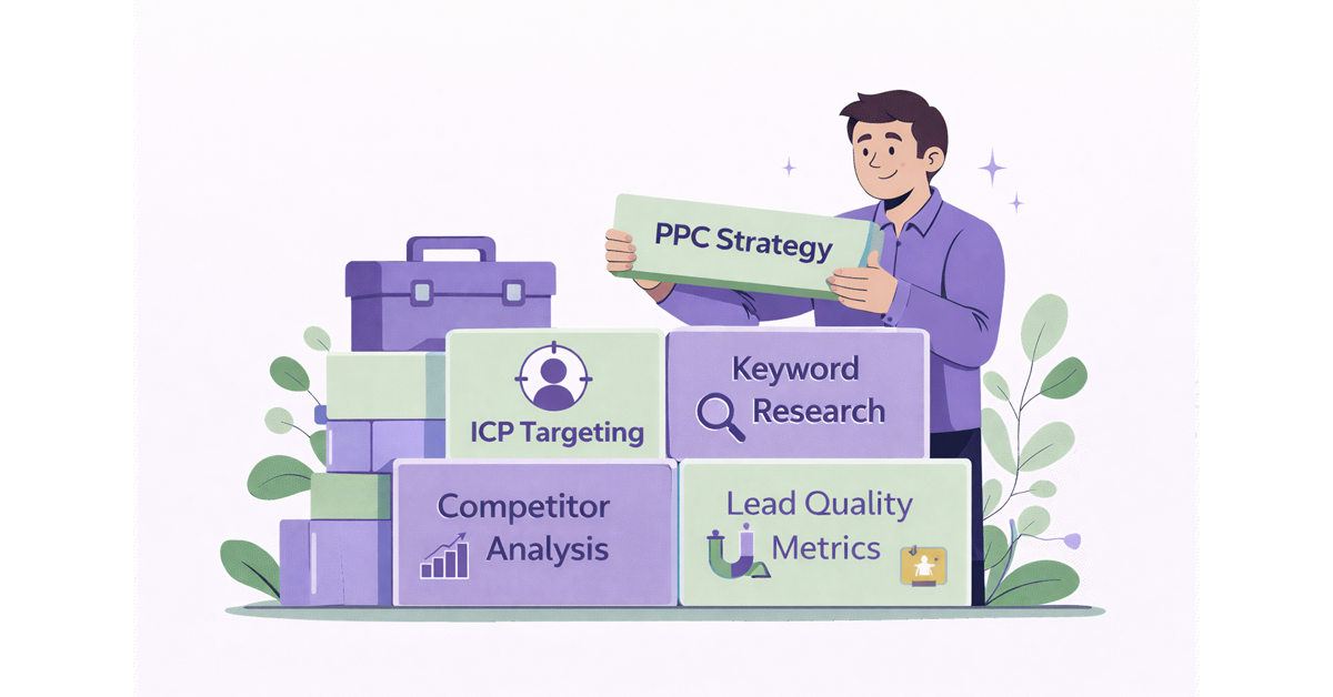 Illustration showing a PPC strategist building a foundation, including ICP targeting, keyword research, competitor analysis, and lead quality metrics.