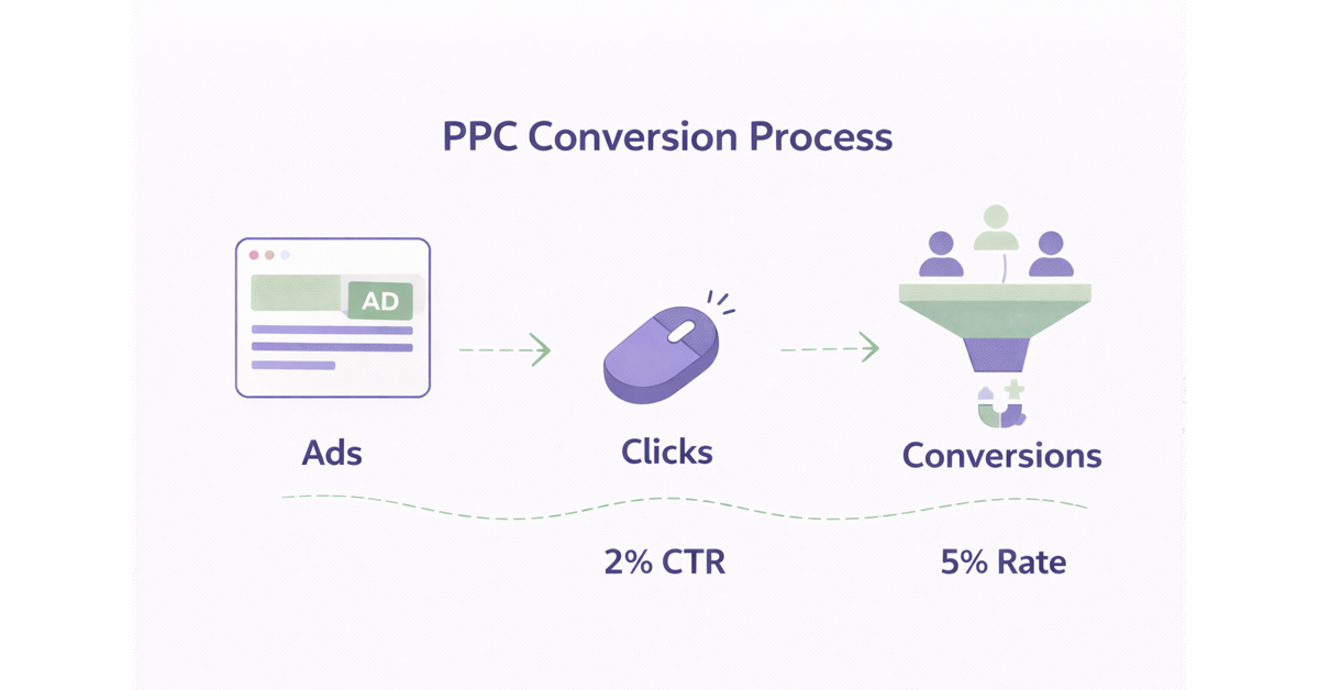 Infographic illustrating the PPC conversion process, detailing ads, clicks (2% CTR), and conversions (5% rate).