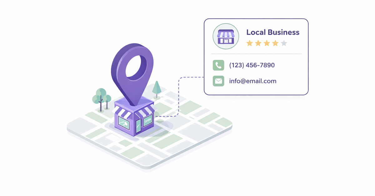 Isometric map with a local store and location pin, linked to a business profile showing reviews and contact.