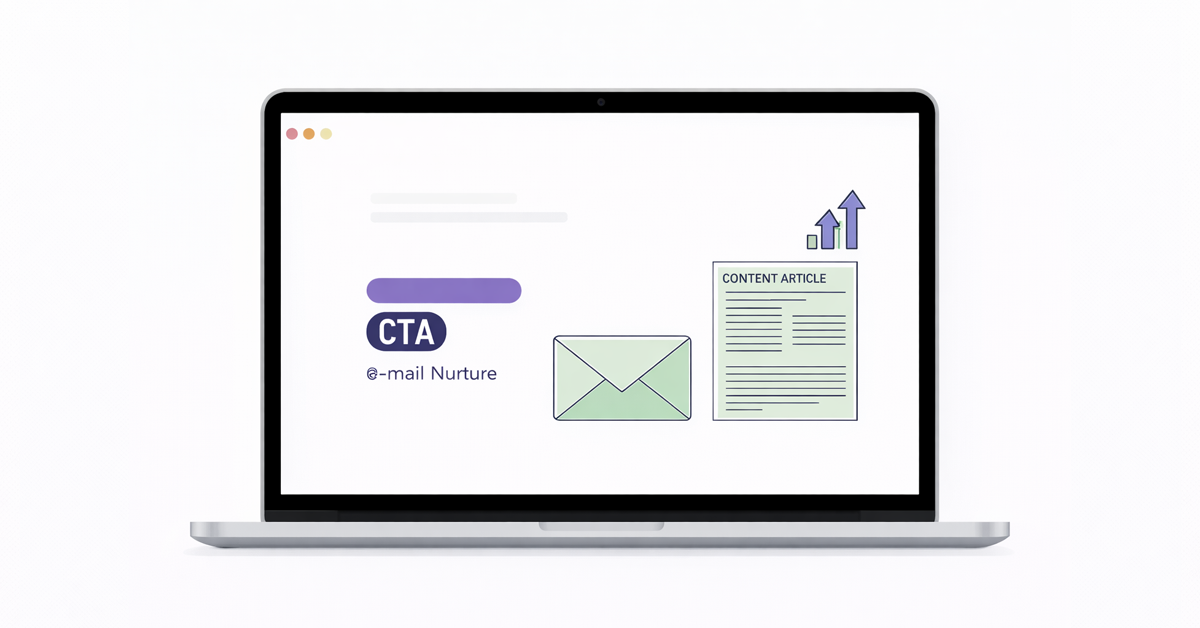 Laptop screen showing digital marketing strategy elements like CTA, email, content article, and growth.