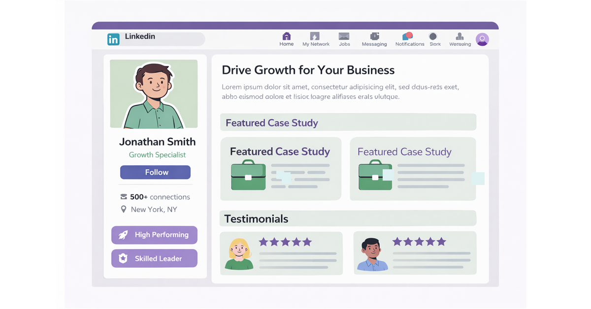 LinkedIn webpage layout featuring a user profile, headlines, featured case studies, testimonials, and badges.