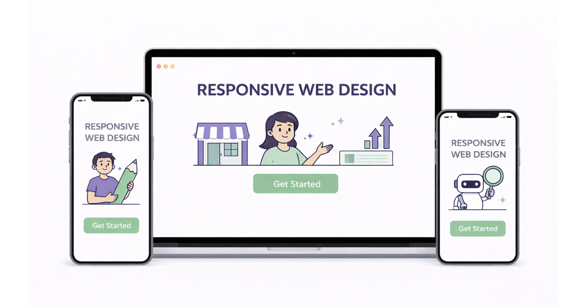 Responsive web design showcased on a laptop and two smartphones, featuring playful cartoon illustrations.