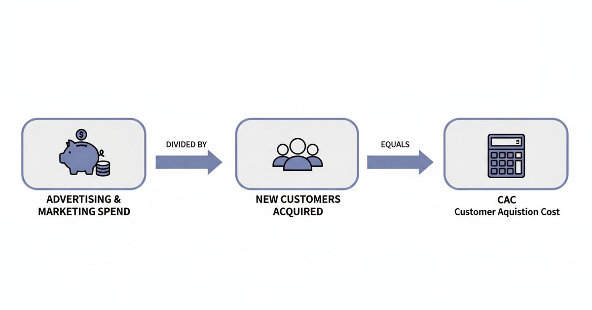 This visual breaks down the simple but powerful relationship between your investment and the new customers you acquire, which determines your final CAC.