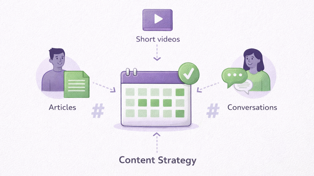 A content strategy diagram showing articles, short videos, and conversations feeding into a calendar, surrounded by people and hashtags.