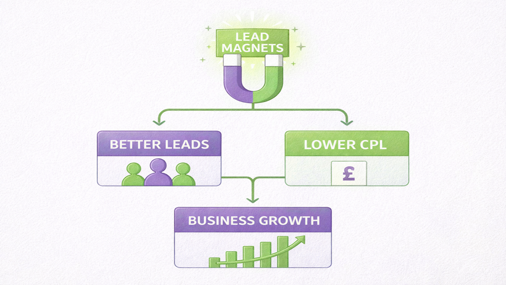 A hierarchical diagram showing lead magnets lead to better leads and lower CPL, driving business growth.