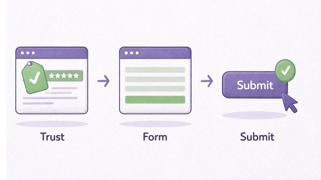 A landing page conversion flow diagram showing three steps: Trust, Form, and Submit.