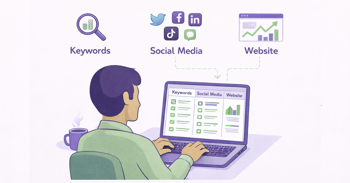 A person reviews marketing data on a laptop, checking keywords, social media, and website analytics.
