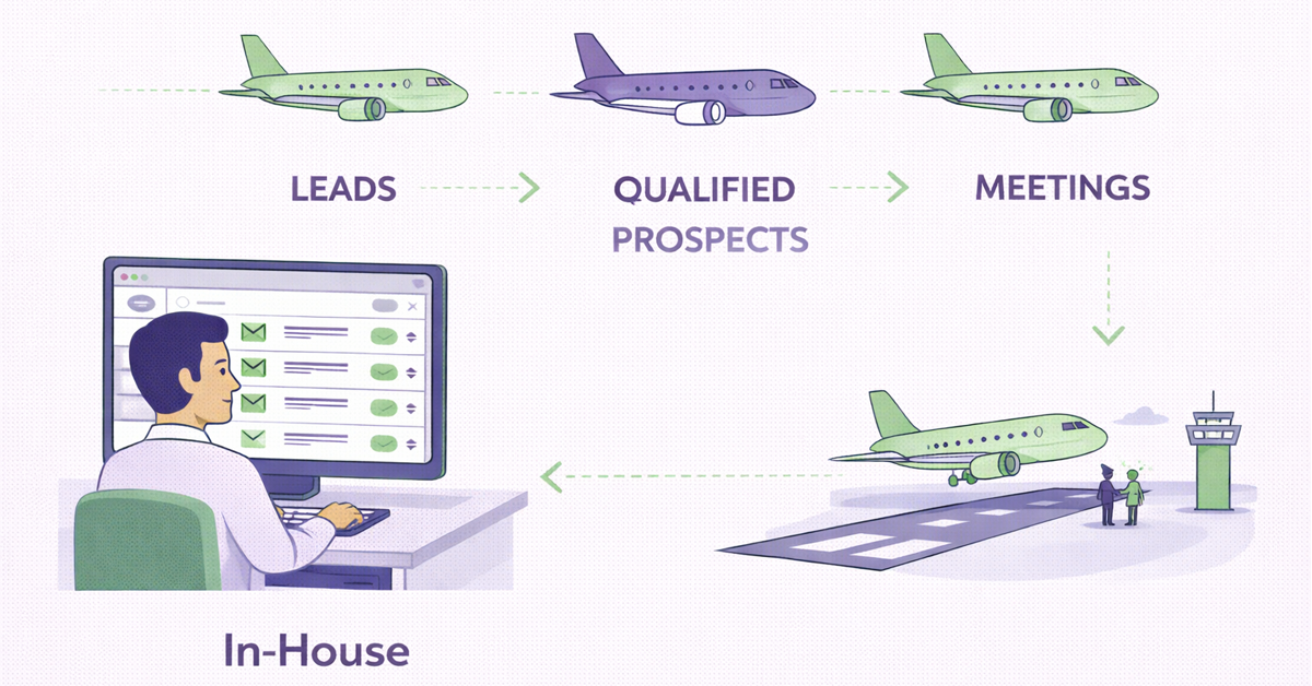 An illustration of a sales process with a person at a computer tracking leads, qualified prospects, and meetings represented by airplanes.