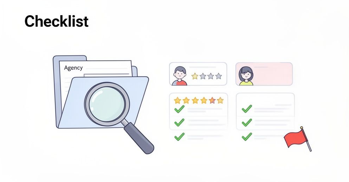 Checklist illustration with a folder labeled 'Agency', magnifying glass, user reviews, checkmarks, and a red flag.