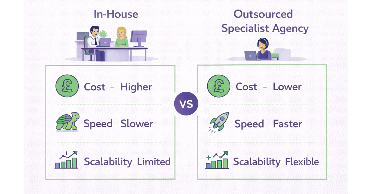 Comparison of in-house versus outsourced specialist agency for appointment setting, highlighting cost, speed, and scalability.