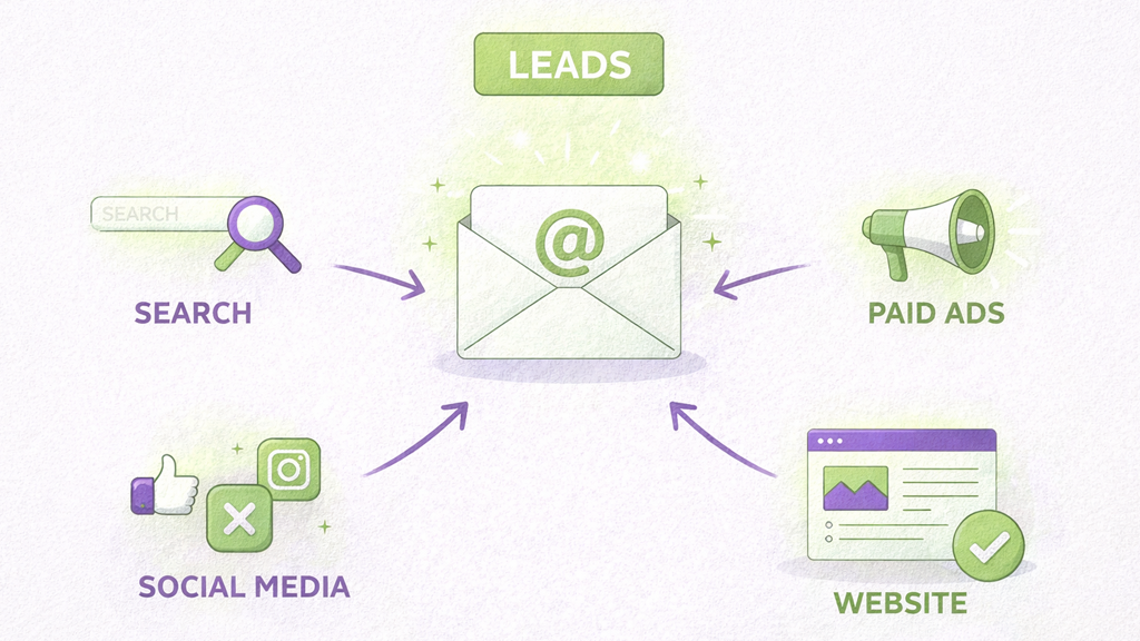 Diagram showing marketing channels like search, paid ads, social media, and website attracting leads to email.