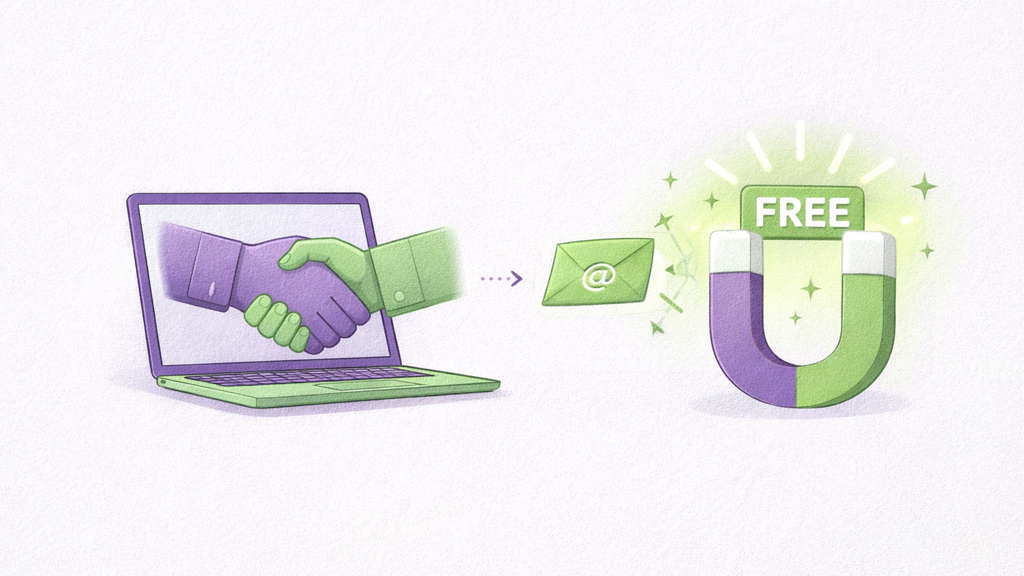 Digital handshake from a laptop screen, a glowing 'Free' magnet attracts an email, symbolizing lead generation.