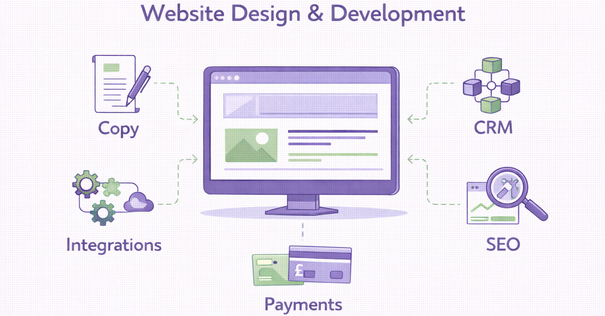 Illustration of website design and development services, including copy, UX, CRM, integrations, payments, and SEO.