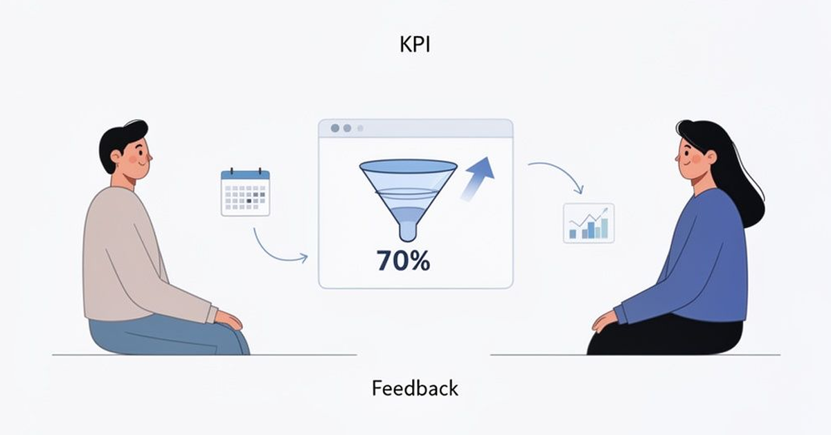 Illustration showing a man and woman discussing KPI, funnel conversion (70%) with a calendar and data feedback.