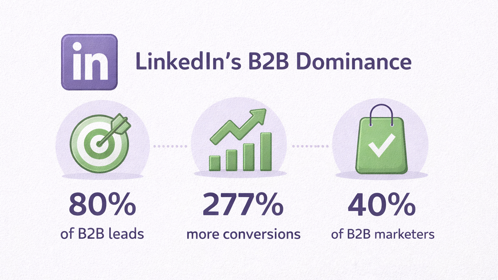 Infographic details LinkedIn's B2B dominance, highlighting 80% of B2B leads, 277% more conversions, and 40% of B2B marketers.