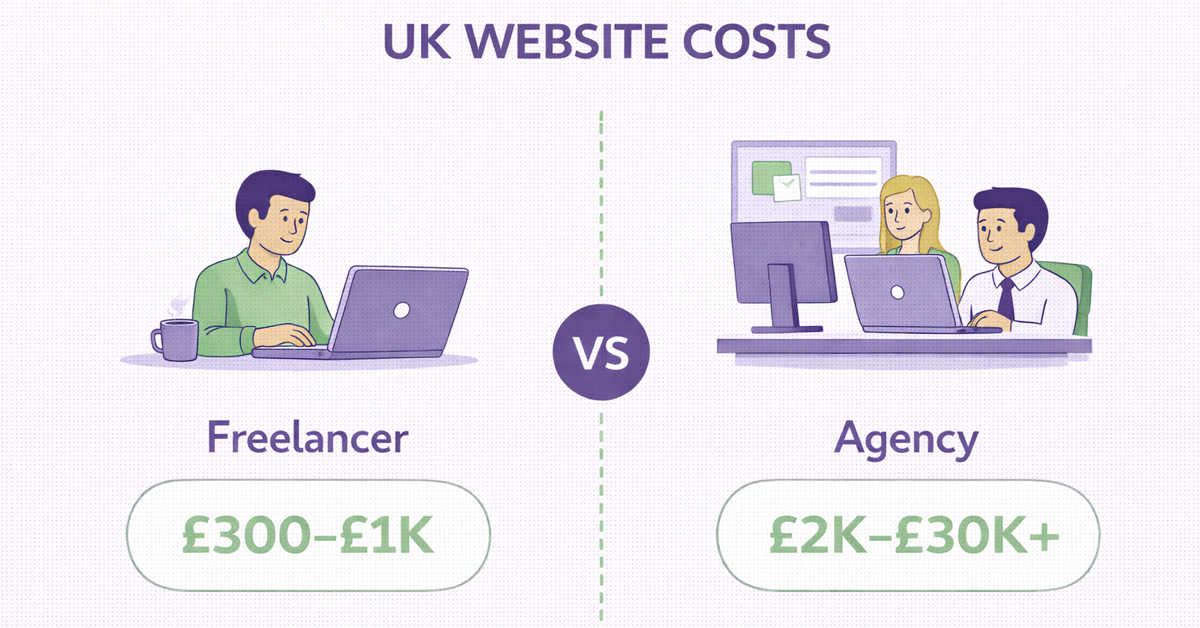 UK website costs comparison: freelancers charge £300-£1K, agencies £2K-£30K+.