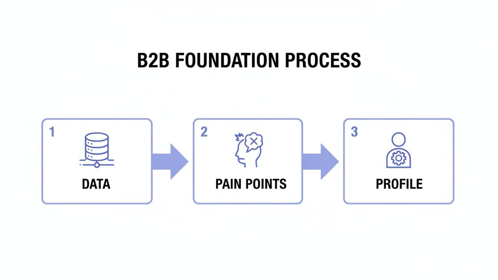 A B2B foundation process flow from data collection to identifying pain points and creating customer profiles.