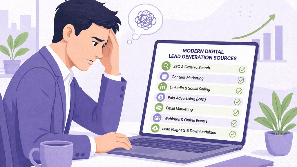 A businessman looking frustrated at a laptop displaying a list of modern digital lead generation sources.