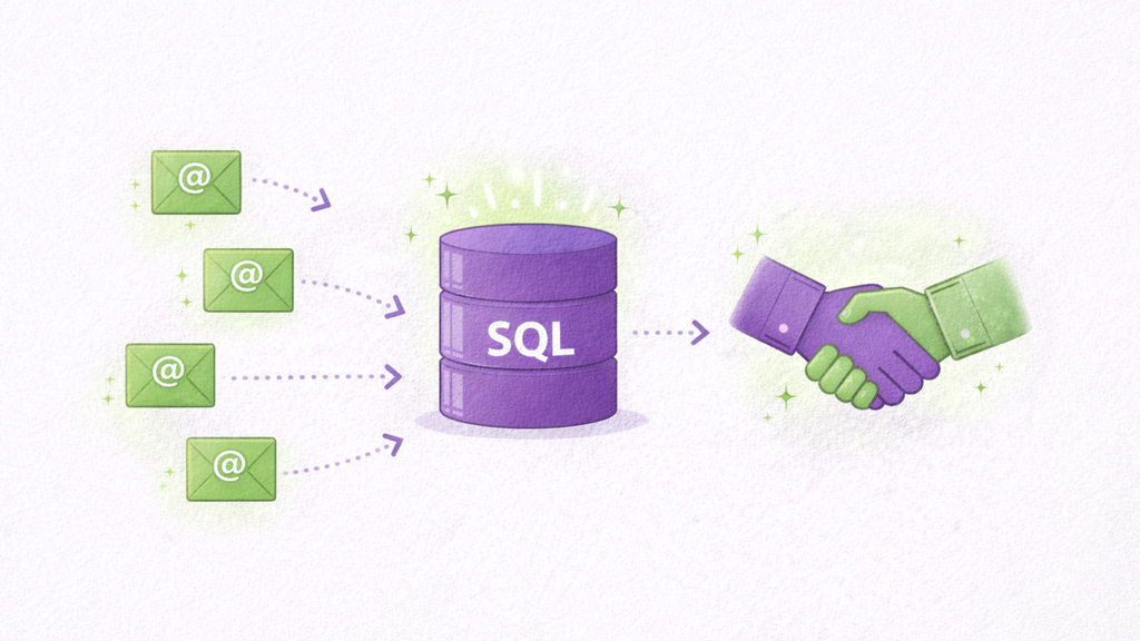 A diagram showing data (envelopes) processed by SQL leading to a successful business handshake.