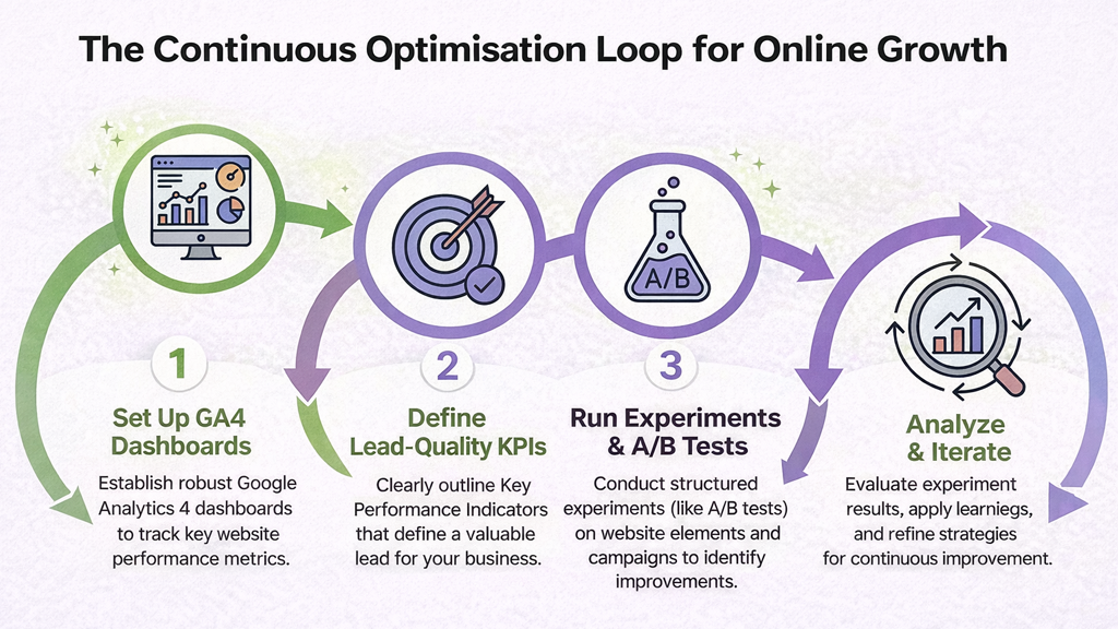 A four-step continuous optimization loop diagram for improving business growth through data analysis and experimentation.