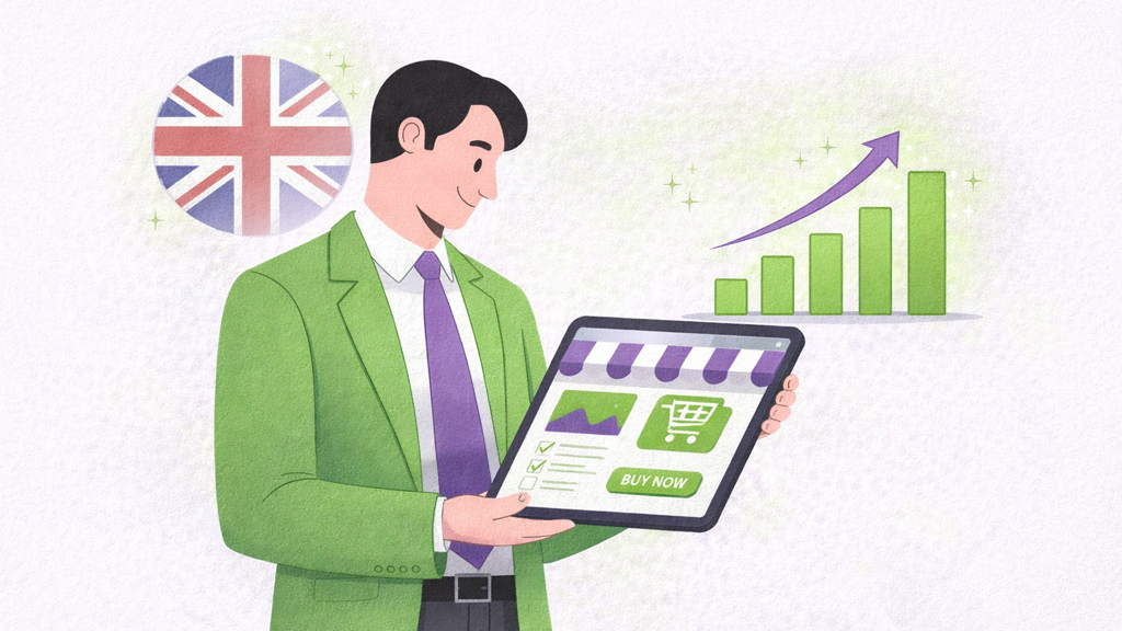 A professional man holding a tablet showing an online store, representing business growth in the UK market.
