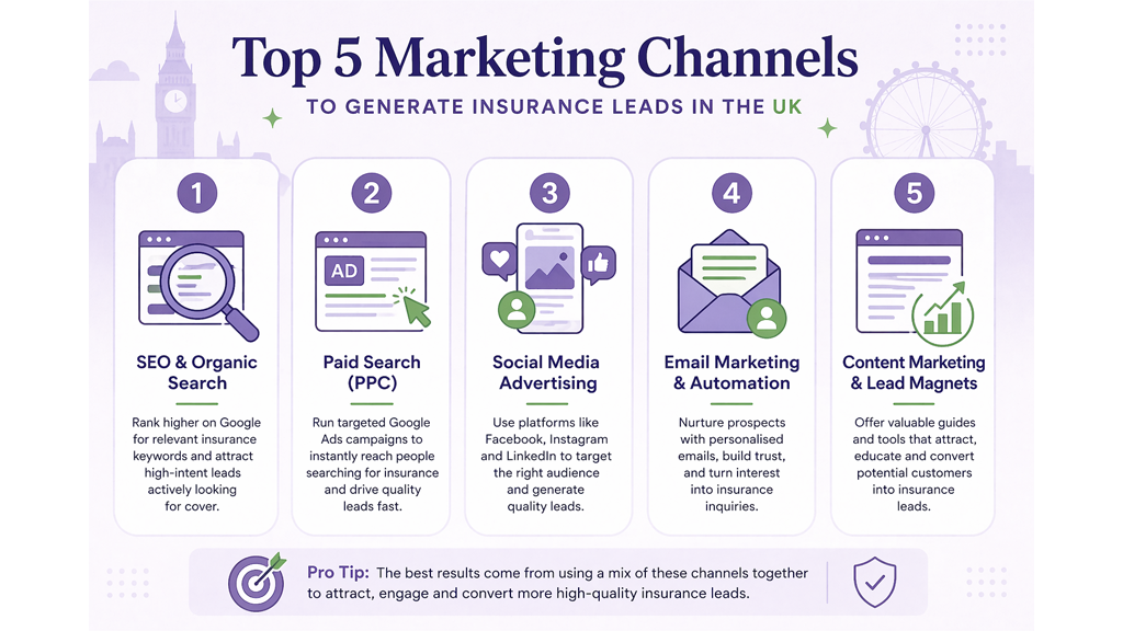 A visual guide illustrating the top five effective marketing channels for generating insurance leads in the UK market.
