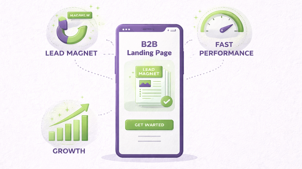 Screen showing B2B landing page conversion elements: lead magnet, fast performance, and growth on mobile.